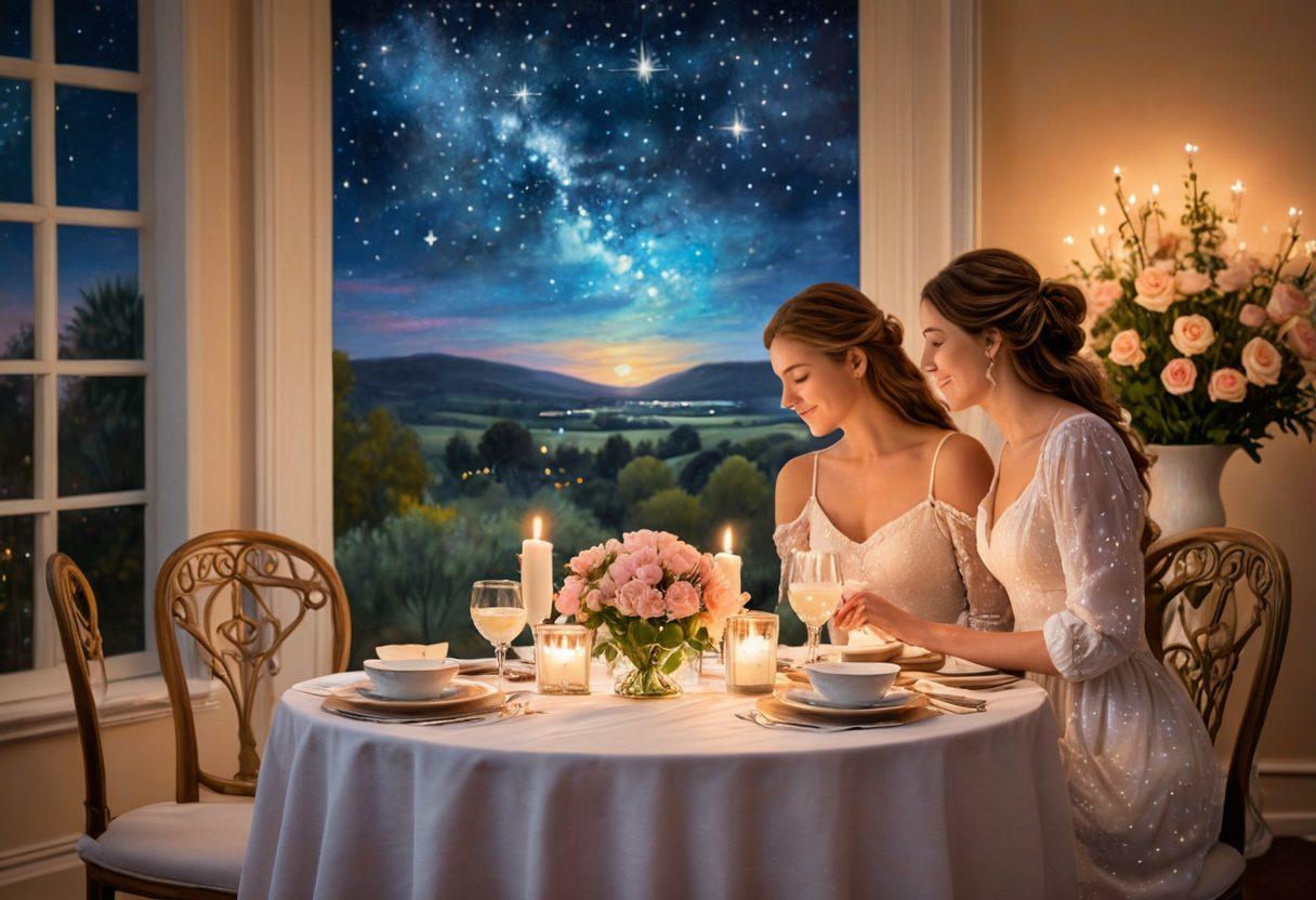 A cozy candlelit scene featuring a couple sharing a romantic dinner, surrounded by soft, glowing lights and delicate flowers. The table is set with elegant dinnerware, and a small note card with 'I love you' can be seen. Include a dreamy background of twinkling stars and a night sky to evoke a sense of enchantment and closeness. pastel colors. inspired by Impressionism.