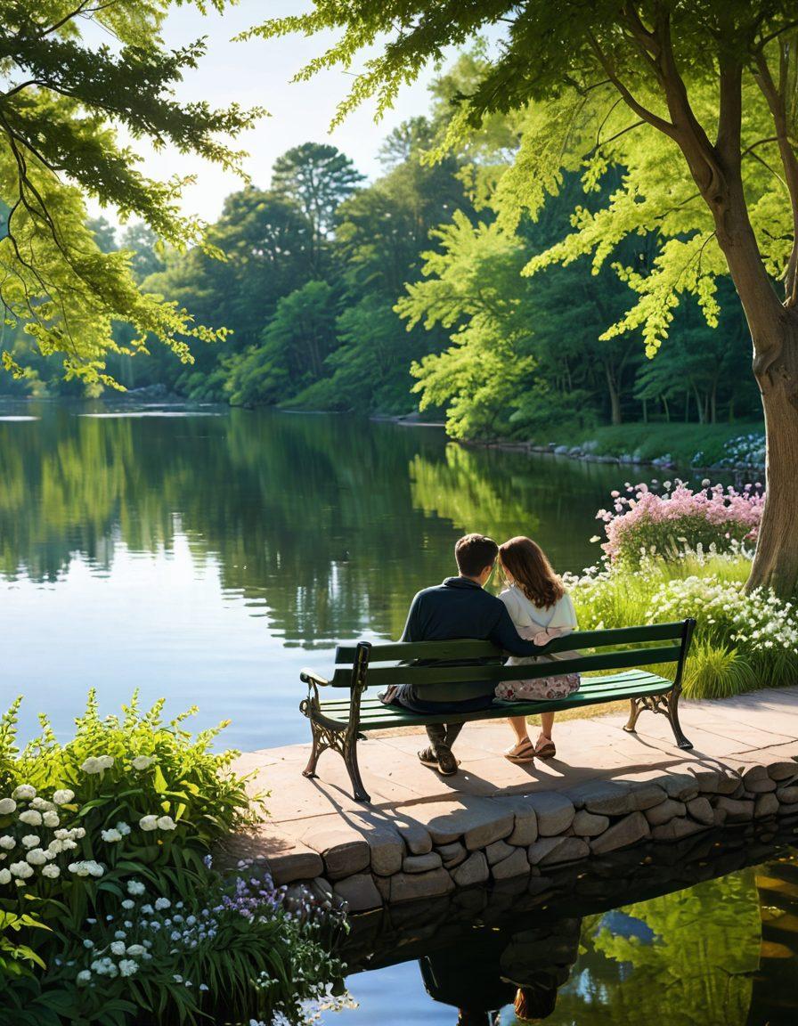 A warm and cozy scene depicting a couple sharing a heartfelt moment on a sunlit park bench, surrounded by blooming flowers and lush greenery. Soft sunlight filters through the leaves, illuminating their tender expressions as they hold hands and smile at each other, symbolizing trust and connection. In the background, gentle waves of a serene lake reflect the beauty of the moment. pastel colors. super-realistic.
