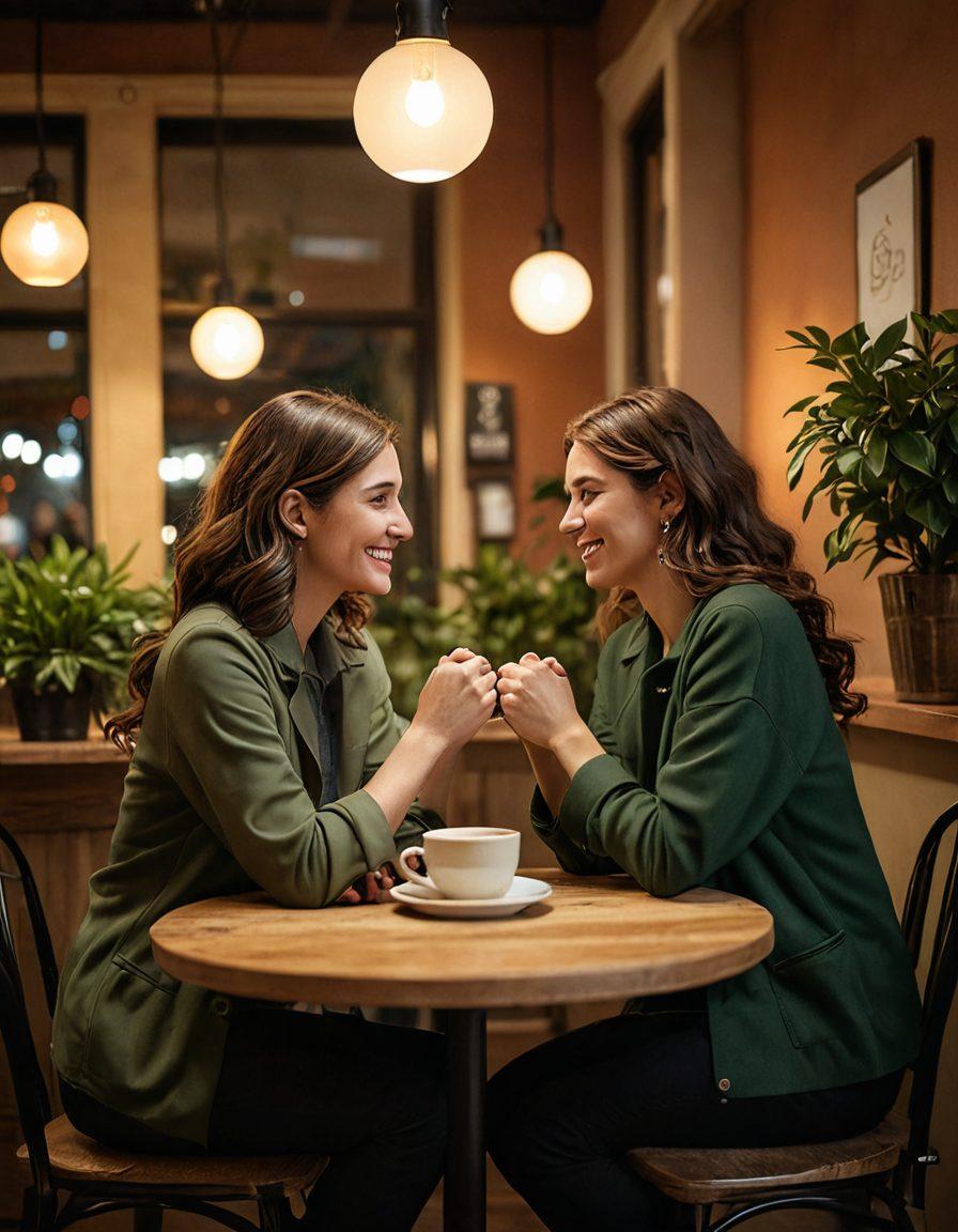 A warm and inviting scene of two people sharing a heartfelt conversation in a cozy café, with soft lighting and a small table adorned with two cups of coffee and a plant. Include symbols of connection like intertwined hands and heart-shaped decorations in the background, conveying warmth and intimacy. The atmosphere should feel cozy and nurturing, showcasing the theme of relationships flourishing through love and communication. super-realistic. warm colors. soft focus.